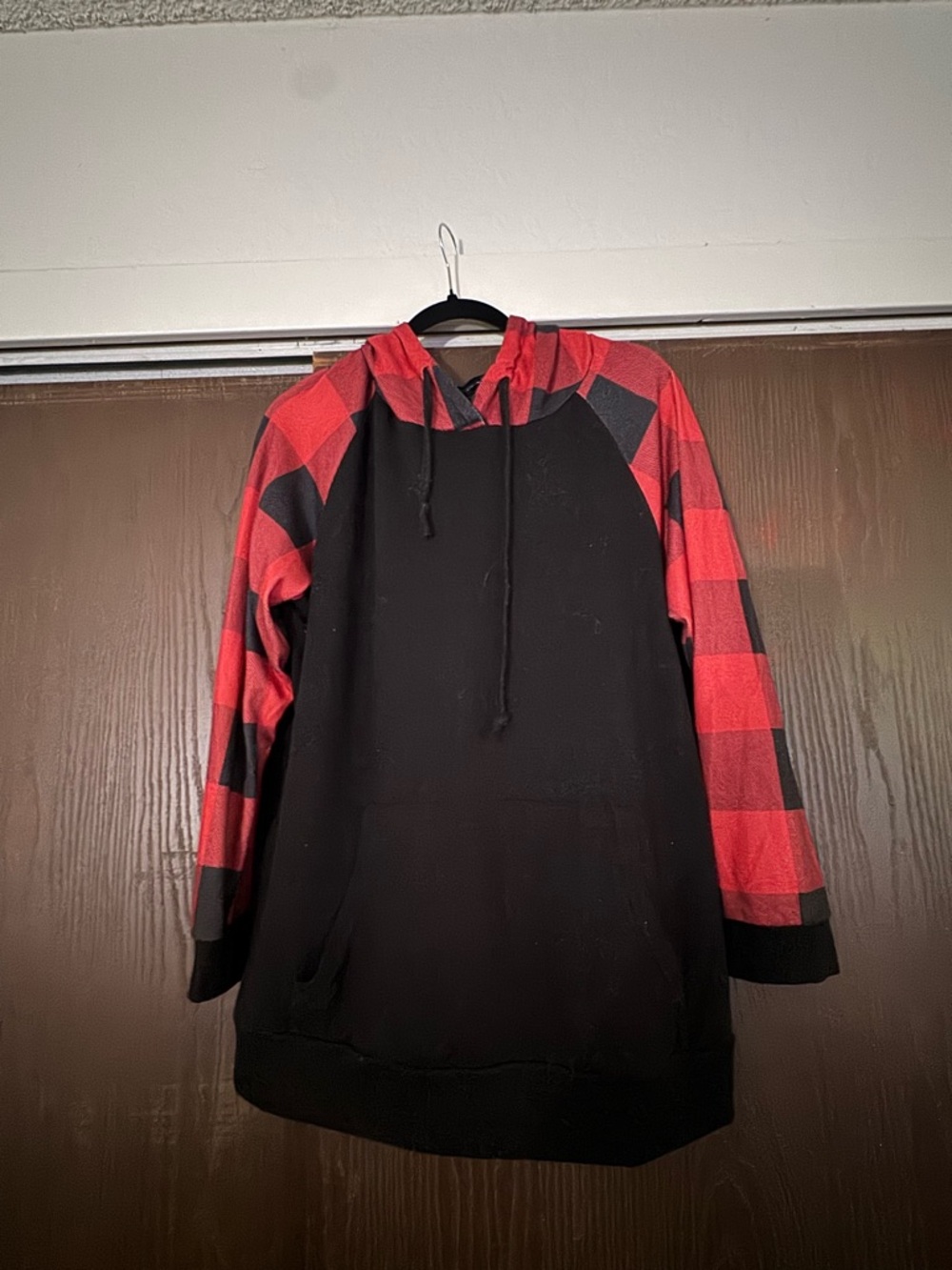 Black Hoodie with Red Buffalo Plaid Sleeves and Hood